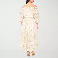 Sam And Jess Womens Off The Shoulder 3/4 Sleeve Floral Fit + Flare Dress Plus