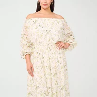 Sam And Jess Womens Off The Shoulder 3/4 Sleeve Floral Fit + Flare Dress Plus