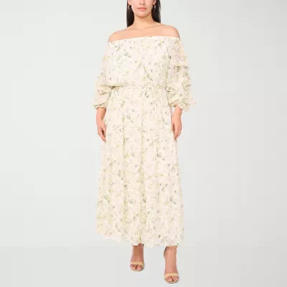 Sam And Jess Womens Off The Shoulder 3/4 Sleeve Floral Fit + Flare Dress Plus