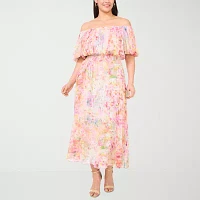 Sam And Jess Womens Off The Shoulder Short Sleeve Floral Maxi Dress Plus