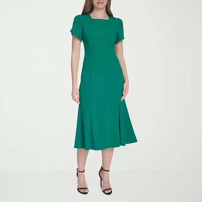 Marc New York Womens Short Sleeve Midi Fit + Flare Dress