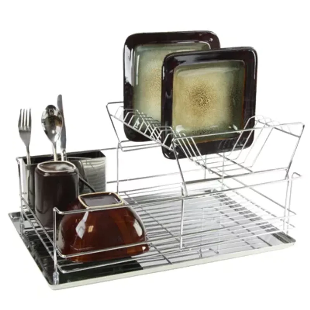 MegaChef 17 Inch Red and Silver Dish Rack with Detachable Utensil