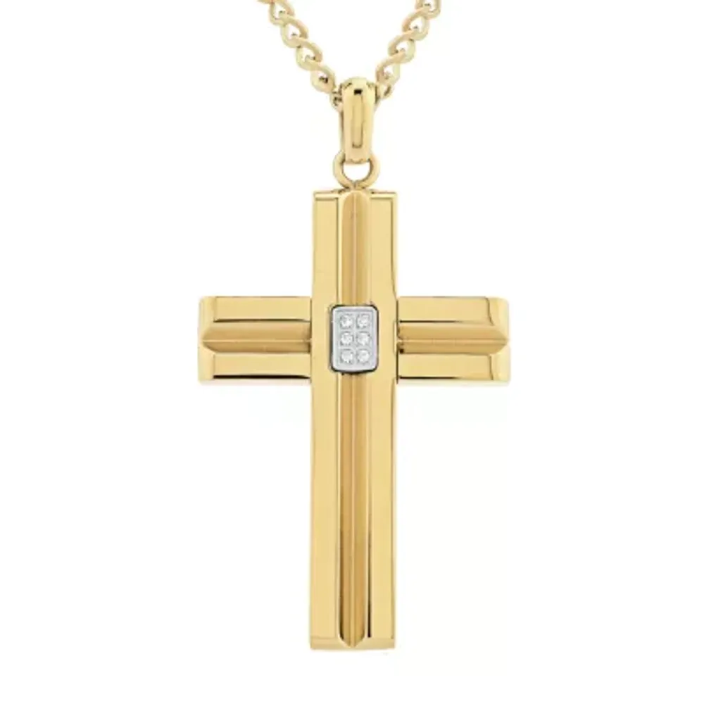 Mens 1/10 CT. T.W. White Cubic Zirconia Gold Ion Plated Stainless Steel Cross Pendant Necklace