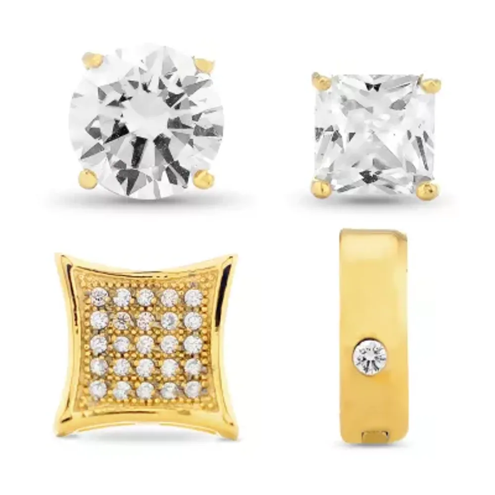 2 CT. T.W. White Cubic Zirconia Gold Ion Plated Stainless Steel Square 4 Pair Jewelry Set