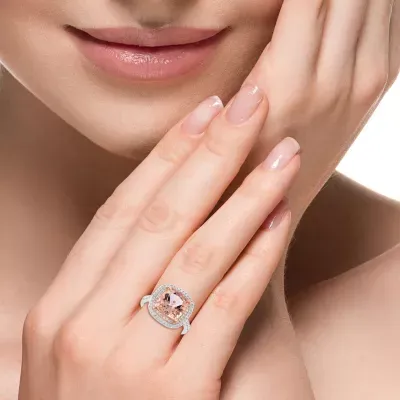 Effy Final Call Womens Genuine Pink Morganite 14K White Gold Cushion Halo Side Stone Cocktail Ring
