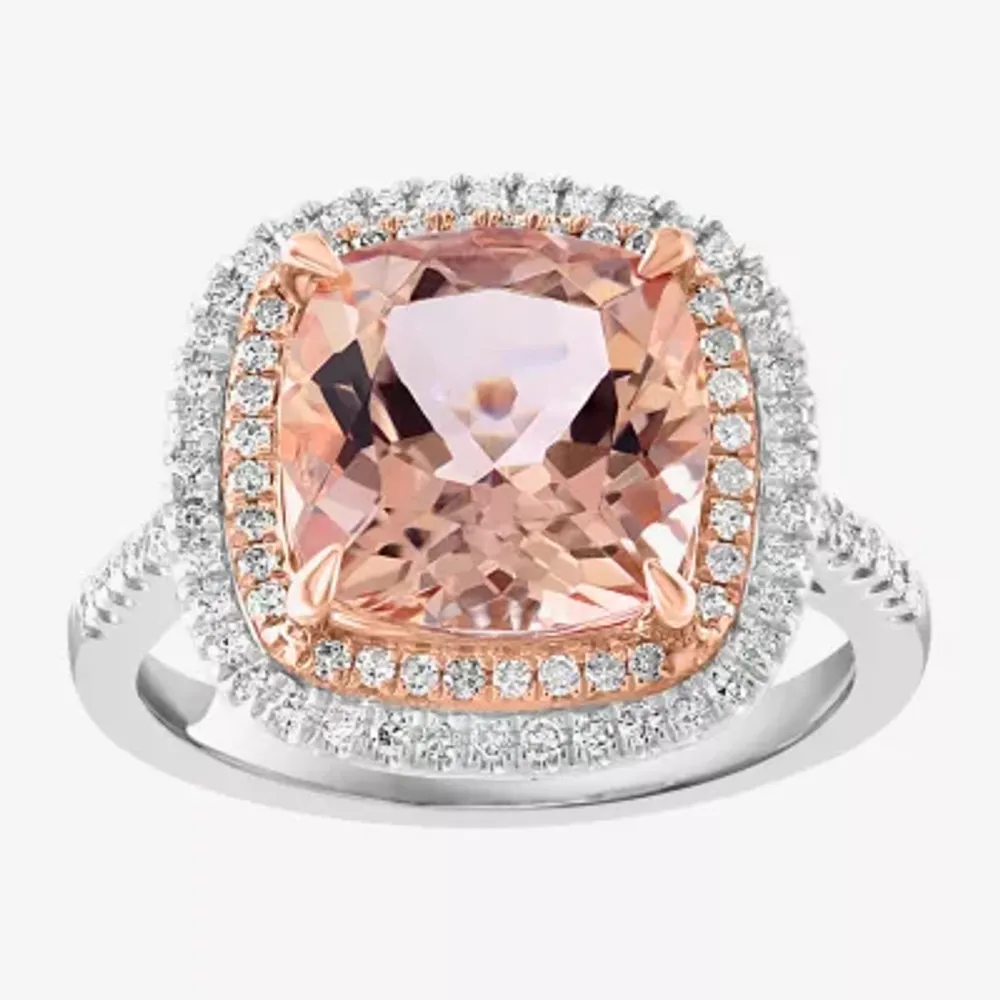 Effy Final Call Womens Genuine Pink Morganite 14K White Gold Cushion Halo Side Stone Cocktail Ring