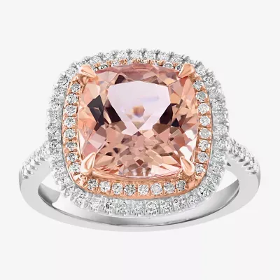 Effy Final Call Womens Genuine Pink Morganite 14K White Gold Cushion Halo Side Stone Cocktail Ring