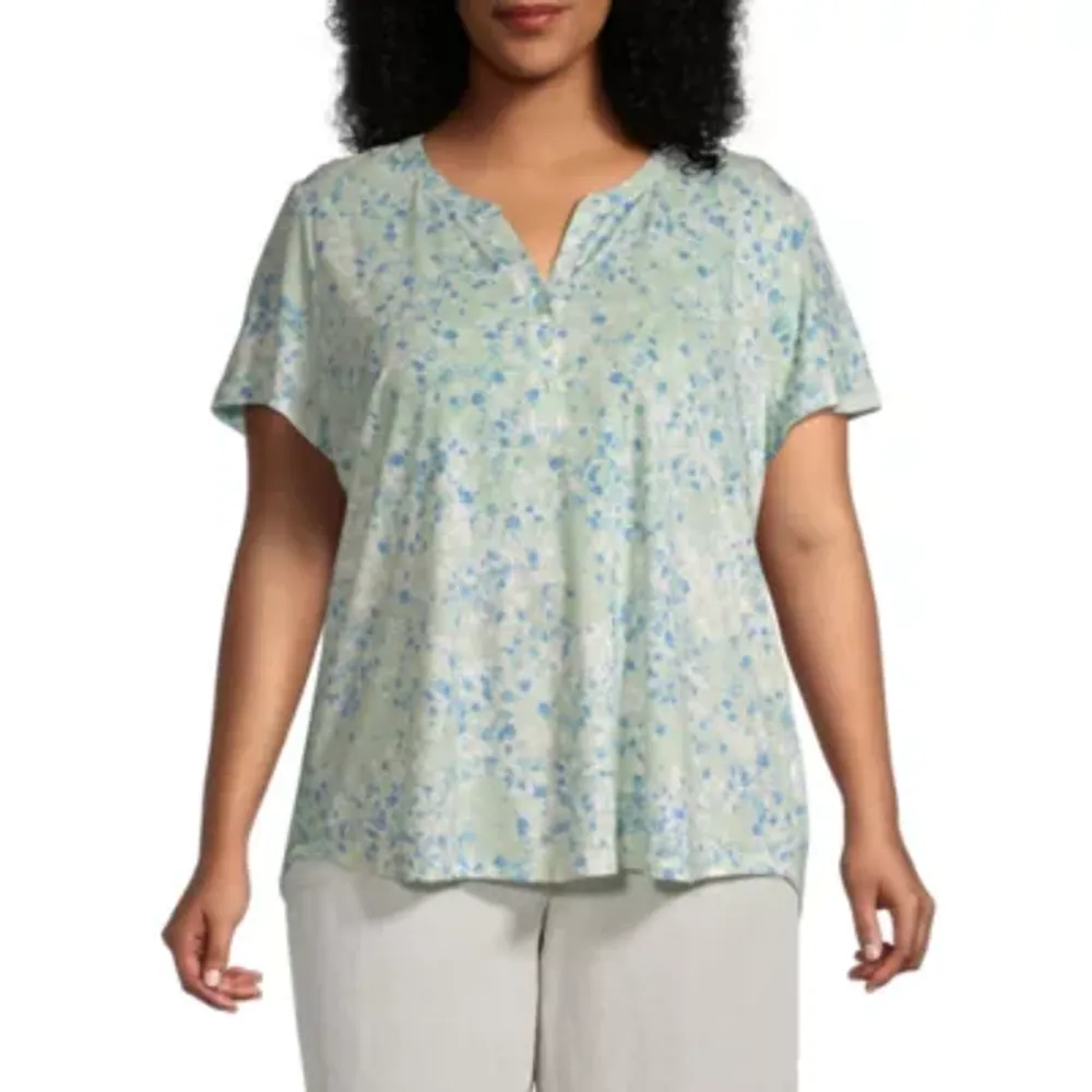 Liz Claiborne Plus Womens Split Crew Neck Short Sleeve Blouse