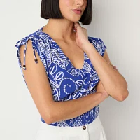 by&by Juniors Womens V Neck Short Sleeve Blouse