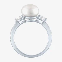 Womens 9-9.5MM White Cultured Freshwater Pearl Sterling Silver Round Side Stone Cocktail Ring