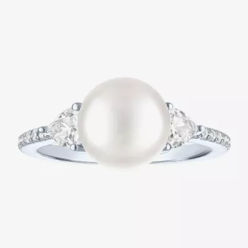 Womens 9-9.5MM White Cultured Freshwater Pearl Sterling Silver Round Side Stone Cocktail Ring