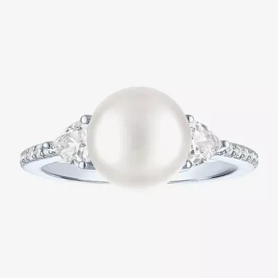 Womens 9-9.5MM White Cultured Freshwater Pearl Sterling Silver Round Side Stone Cocktail Ring