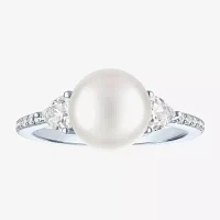 Womens 9-9.5MM White Cultured Freshwater Pearl Sterling Silver Round Side Stone Cocktail Ring