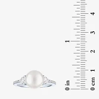 Womens 9-9.5MM White Cultured Freshwater Pearl Sterling Silver Round Side Stone Cocktail Ring