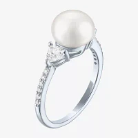 Womens 9-9.5MM White Cultured Freshwater Pearl Sterling Silver Round Side Stone Cocktail Ring