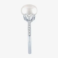 Womens 9-9.5MM White Cultured Freshwater Pearl Sterling Silver Round Side Stone Cocktail Ring