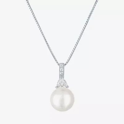 Womens White Cultured Freshwater Pearl Sterling Silver Round Pendant Necklace