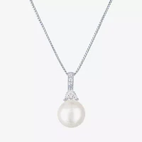 Womens White Cultured Freshwater Pearl Sterling Silver Round Pendant Necklace