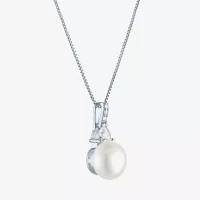 Womens White Cultured Freshwater Pearl Sterling Silver Round Pendant Necklace
