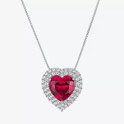 Womens Lab Created Red Ruby Sterling Silver Heart Pendant Necklace