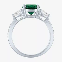 Womens Simulated Green Emerald Sterling Silver Oval Side Stone Cocktail Ring