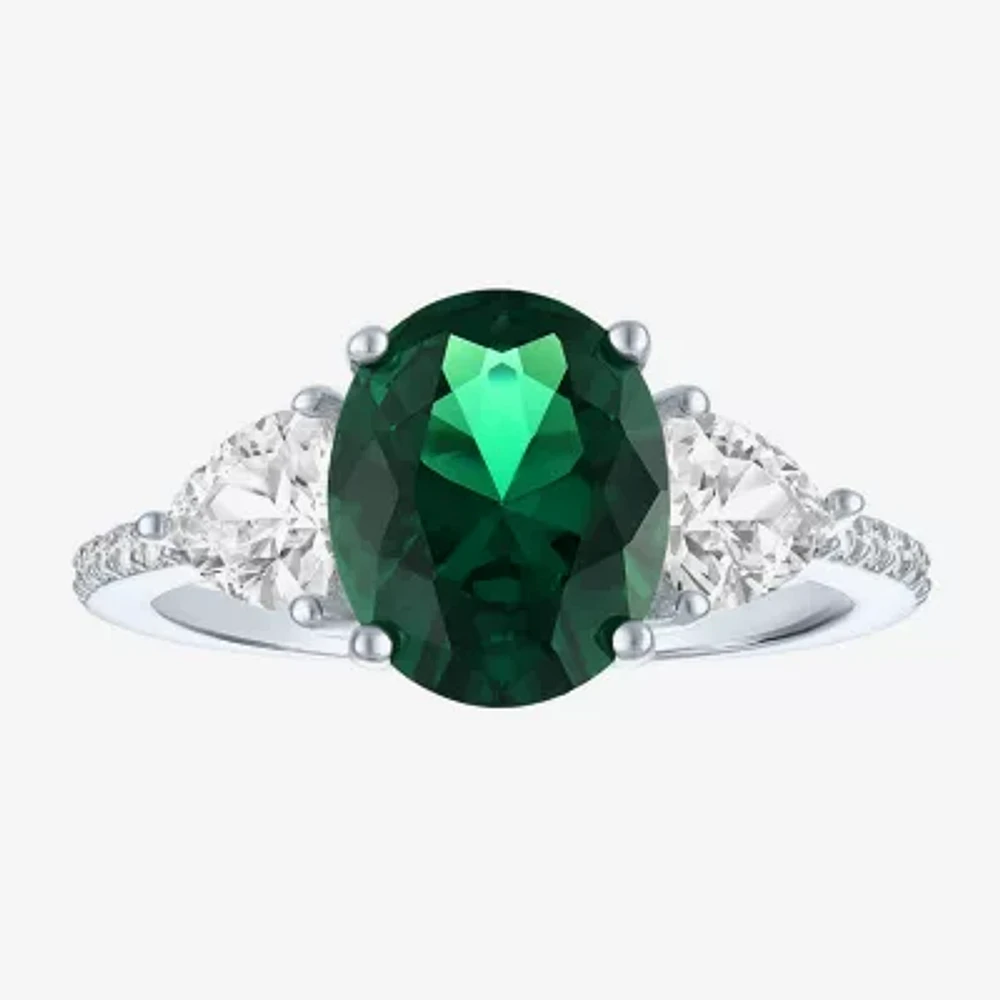 Womens Simulated Green Emerald Sterling Silver Oval Side Stone Cocktail Ring