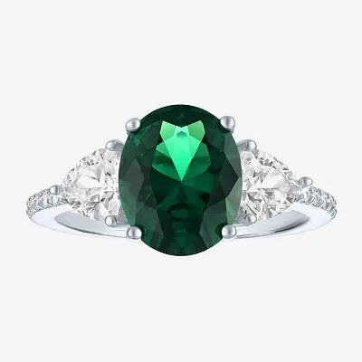 Womens Simulated Green Emerald Sterling Silver Oval Side Stone Cocktail Ring