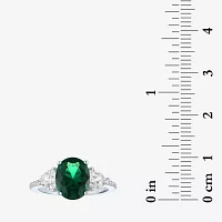 Womens Simulated Green Emerald Sterling Silver Oval Side Stone Cocktail Ring