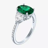Womens Simulated Green Emerald Sterling Silver Oval Side Stone Cocktail Ring