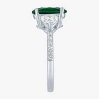 Womens Simulated Green Emerald Sterling Silver Oval Side Stone Cocktail Ring