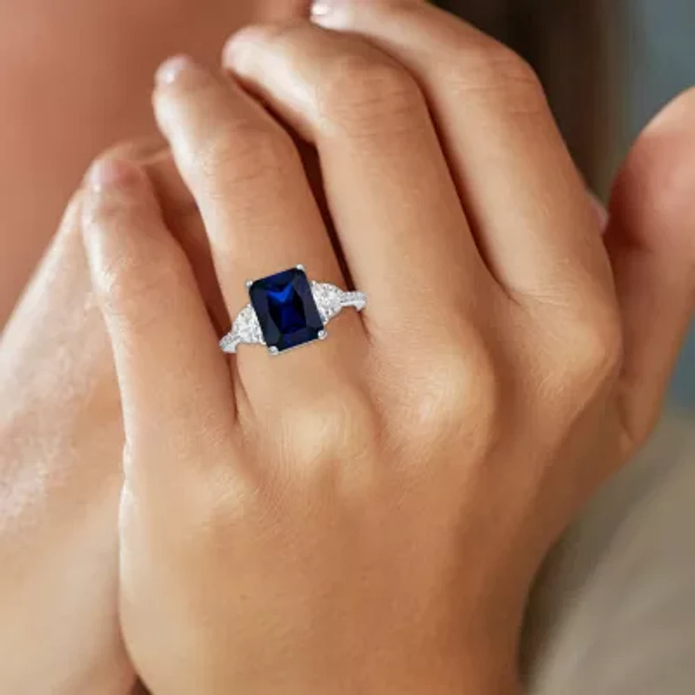 Womens Lab Created Blue Sapphire Sterling Silver Side Stone Cocktail Ring