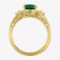 Womens 1/8 CT. T.W. Lab Created Green Emerald 14K Gold Over Silver Oval 3-Stone Cocktail Ring