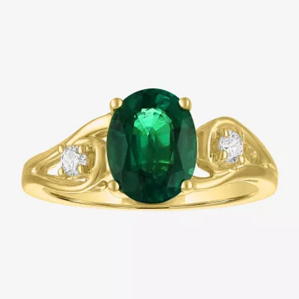 Womens 1/8 CT. T.W. Lab Created Green Emerald 14K Gold Over Silver Oval 3-Stone Cocktail Ring