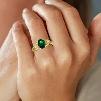 Womens 1/8 CT. T.W. Lab Created Green Emerald 14K Gold Over Silver Oval 3-Stone Cocktail Ring