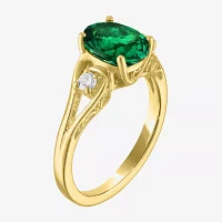 Womens 1/8 CT. T.W. Lab Created Green Emerald 14K Gold Over Silver Oval 3-Stone Cocktail Ring