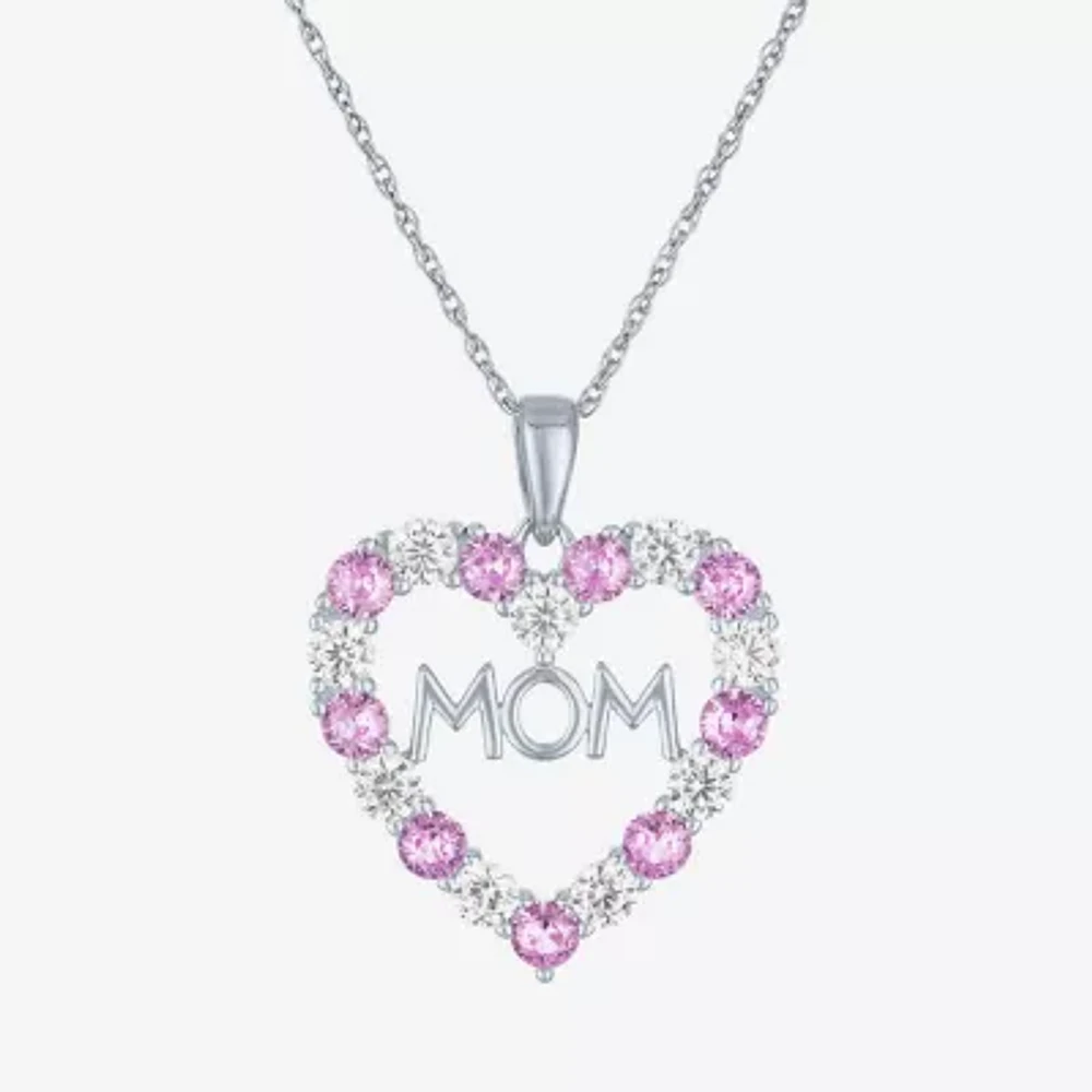Womens Lab Created Pink Sapphire Sterling Silver Heart Pendant Necklaces