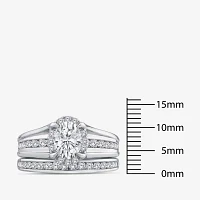 G / Si1-Si2) Womens 1 1/2 CT. T.W. Lab Grown White Diamond 10K White Gold Oval Side Stone Halo Bridal Set