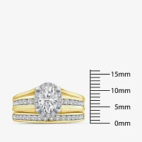 (G / Si1-Si2) Womens 1 1/2 CT. T.W. Lab Grown White Diamond 10K Gold Oval Side Stone Halo Bridal Set