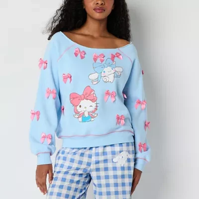 Juniors Cinnamaroll Bow Embelished Off The Shoulder Womens Round Neck Long Sleeve Sweatshirt