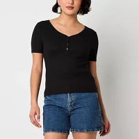 a.n.a Womens Short Sleeve Ribbed Henley Shirt