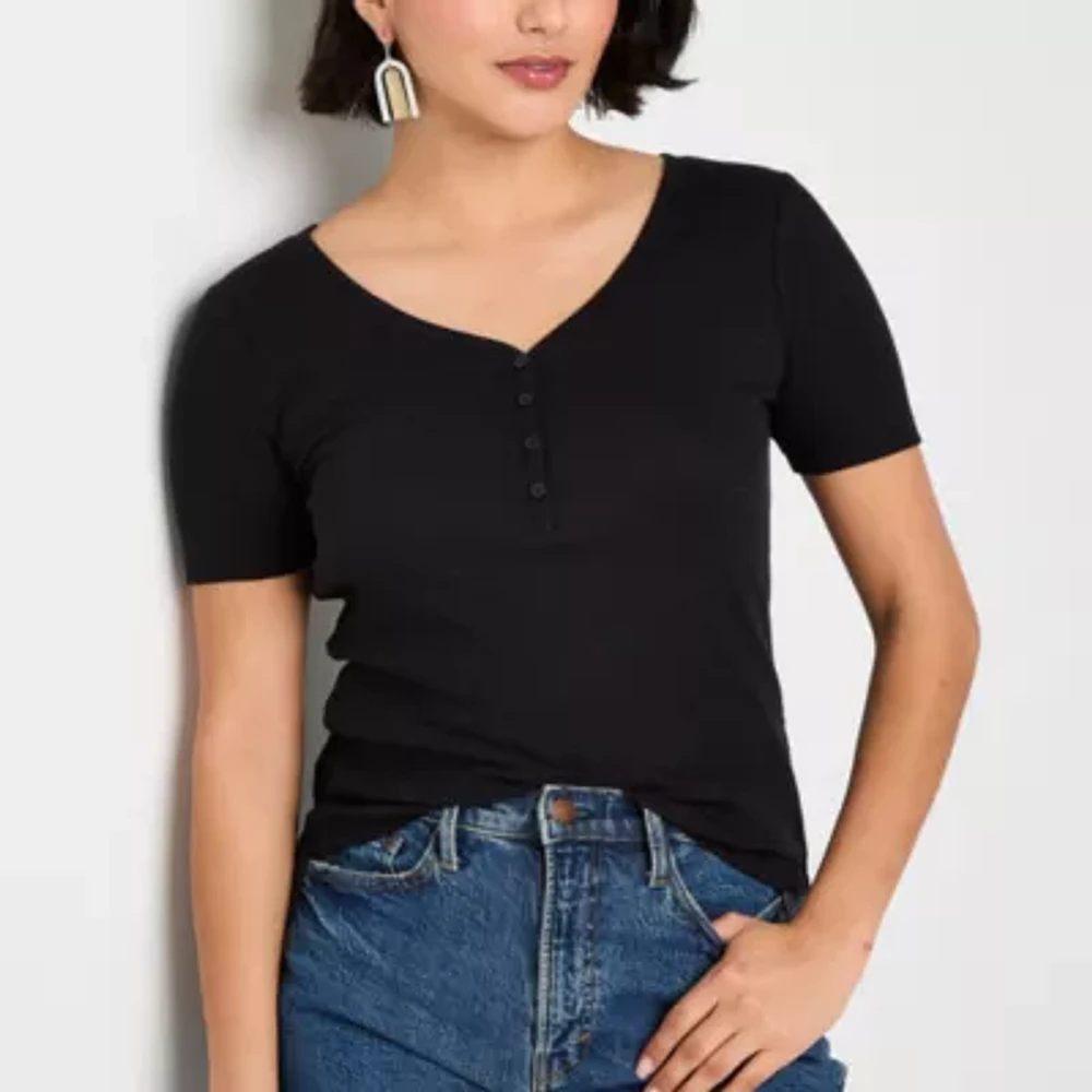 a.n.a Womens Short Sleeve Ribbed Henley Shirt