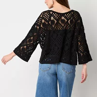 a.n.a Eyelet Womens Boat Neck Long Sleeve Striped Pullover Sweater