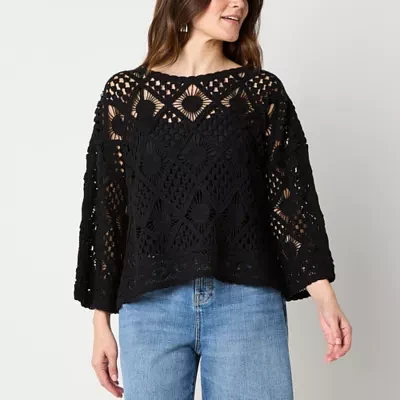 a.n.a Eyelet Womens Boat Neck Long Sleeve Striped Pullover Sweater