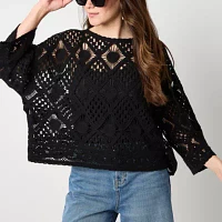 a.n.a Eyelet Womens Boat Neck Long Sleeve Striped Pullover Sweater