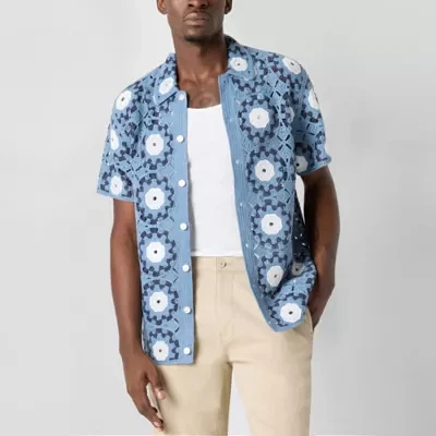 Arizona Mens Crochet Style Button-Front Sweater
