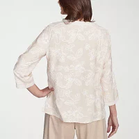 Alfred Dunner Catalina Island Womens V Neck 3/4 Sleeve Embroidered Blouse