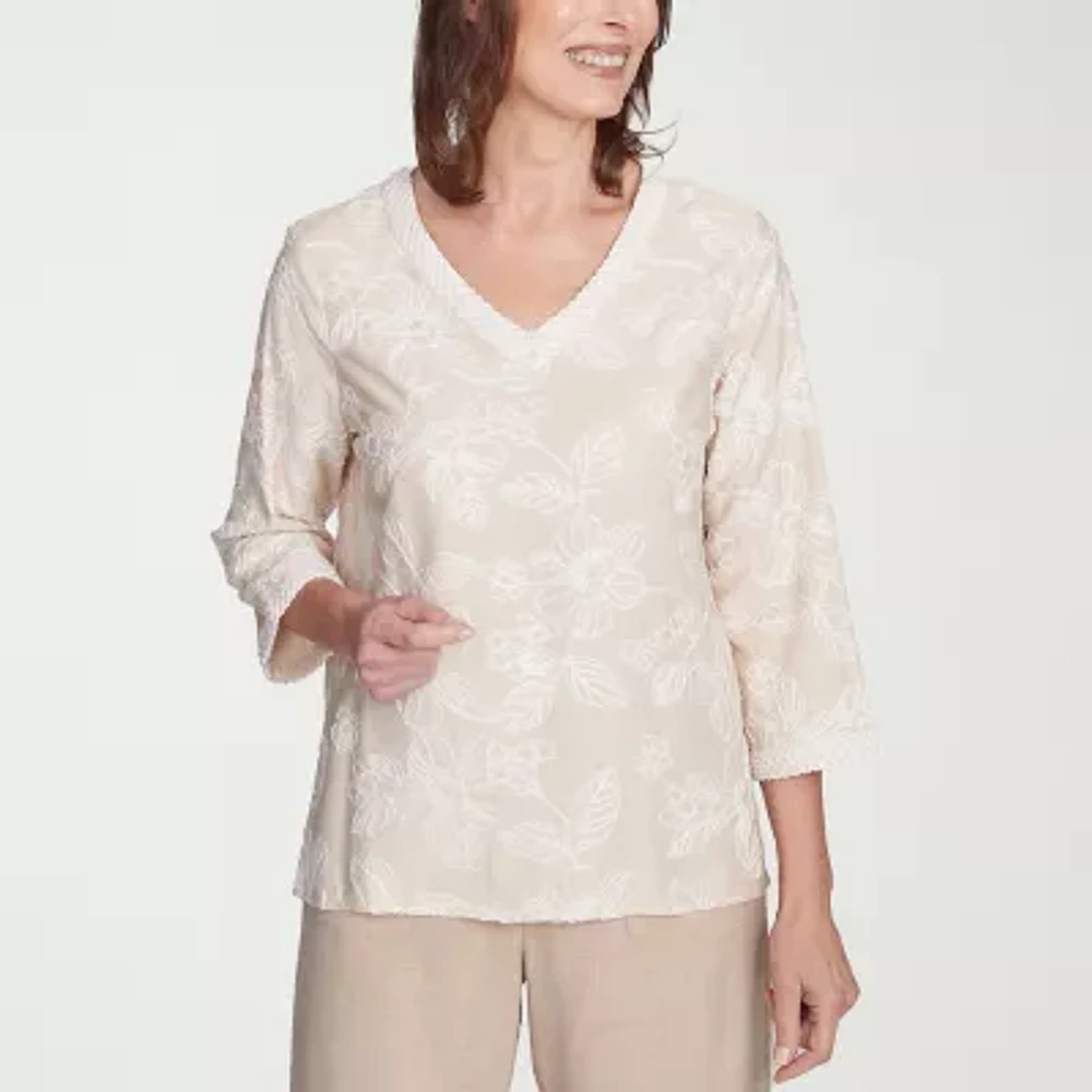 Alfred Dunner Catalina Island Womens V Neck 3/4 Sleeve Embroidered Blouse