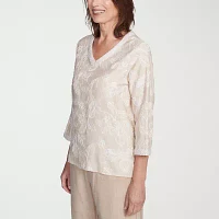 Alfred Dunner Catalina Island Womens V Neck 3/4 Sleeve Embroidered Blouse