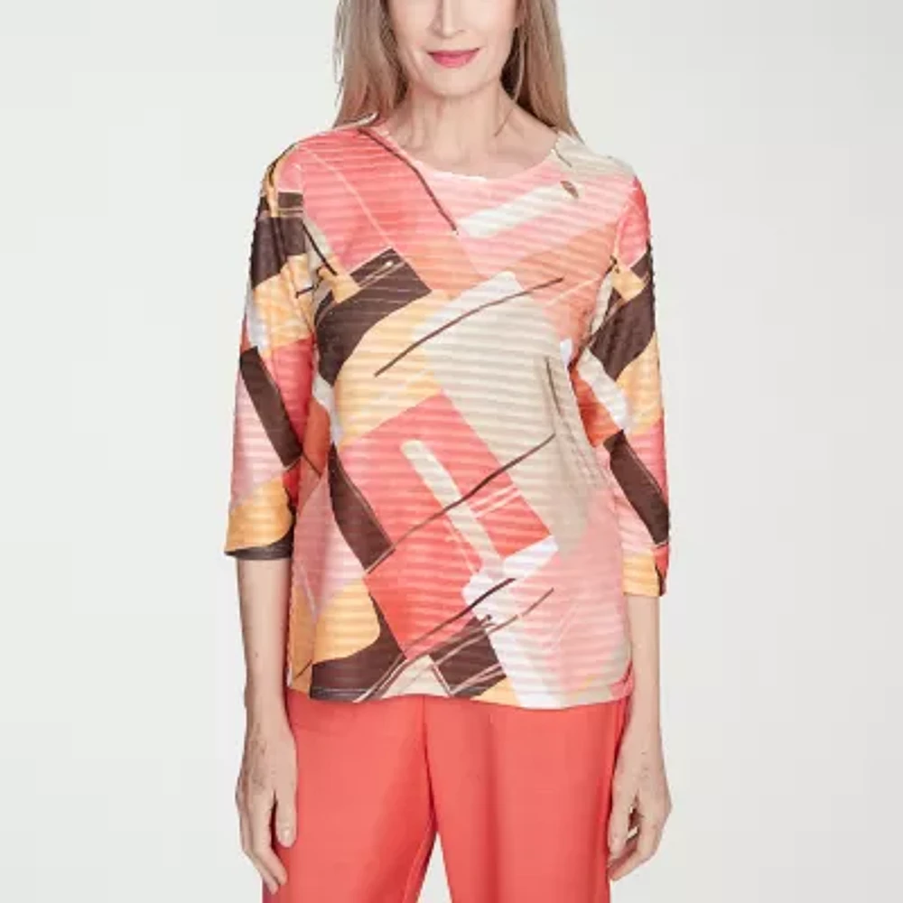 Alfred Dunner Catalina Island Womens Crew Neck 3/4 Sleeve T-Shirt