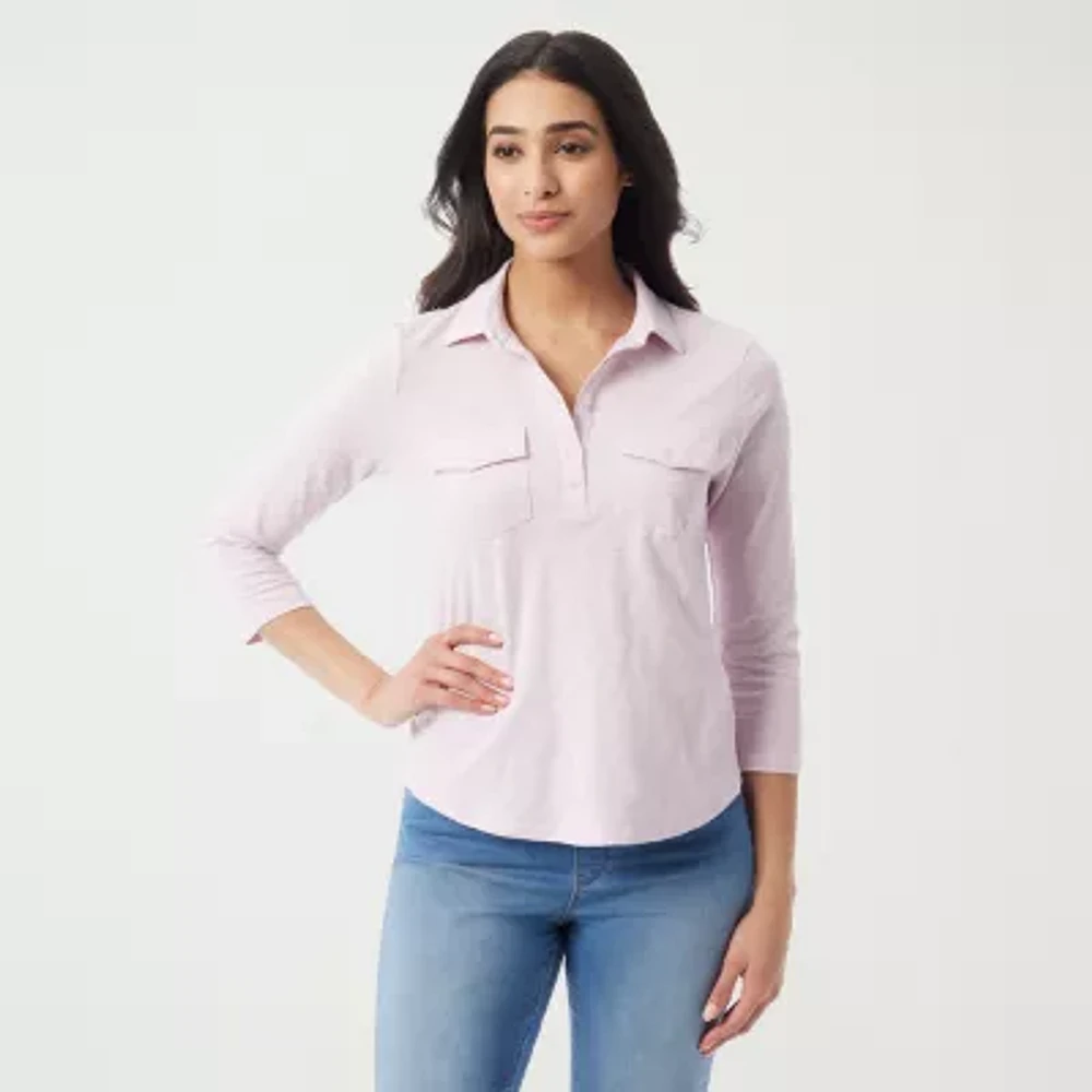 Gloria Vanderbilt Womens V Neck 3/4 Sleeve Polo Shirt